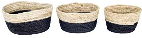 Set 3 panières en fibres naturelles et jonc tressé, Beige et Noir, 27 x 28 x 28 cm (Grand modèle)