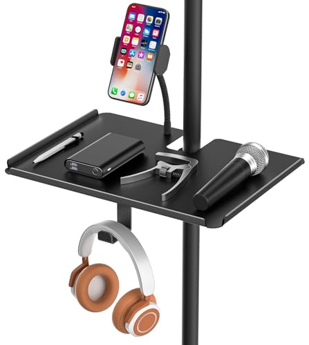 Chunxiao Metal Microphone Stand Tray with Mic Stand Phone Holder - 11.7 x 7.8 Functional Large Mic Stand Tray Shelf for Studio, Concert, Karaoke Clamp on Music Stand Shlef Attachment