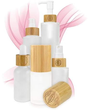 Leere Sprühflasche Glas 30 ml mit Bambusdeckel und Gravur, 5 Stück, Sprayflasche zum Befüllen mit Sprühkopf extra feine Vernebelung Deiner DIY-Naturkosmetik, Sprühkopfbehälter Haare