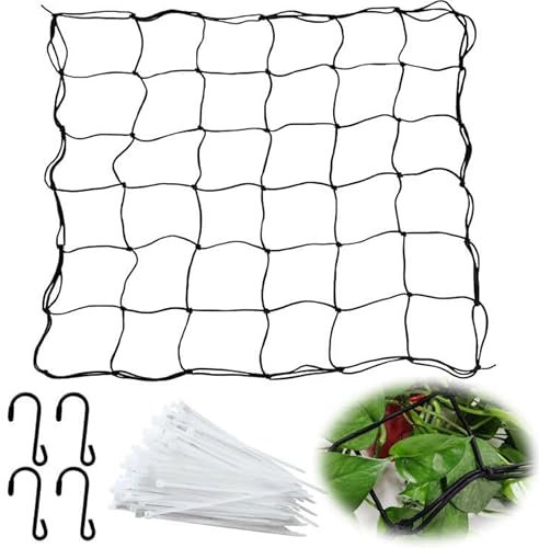 Svitzoot Ranknetz Scrog Net 90×90 cm (Ungefaltete) Größe Rankhilfen für Kletterpflanzen mit 100 Stück Gartenarbeit Growroom Pflanzennetz Rankgitter Netz Krawatten für Gemüse Früchte Blumen