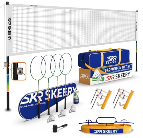 SKEERY Professional Badminton Set with Winch System,Portable Badminton Net Includes Carbon Aluminum Badminton Rackets Set of 4,3 Shuttlecocks and Bag,Badminton Sets for Backyards,Beach (White)