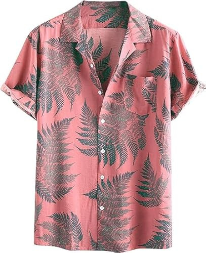 Runcati Herren Hawaiihemd Kurzarm Hemd Funky Sommerhemd Casual Strandhemd Button Down Freizeithemden Hawaii Urlaub Shirt Rosa XL