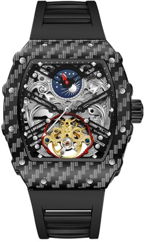 DAXIAOYU Orologio da polso da uomo nero scheletro automatico meccanico di lusso Tourbillon Hollow Vintage quadrante Tonneau cinturino in silicone, Nero e rosso, Lusso