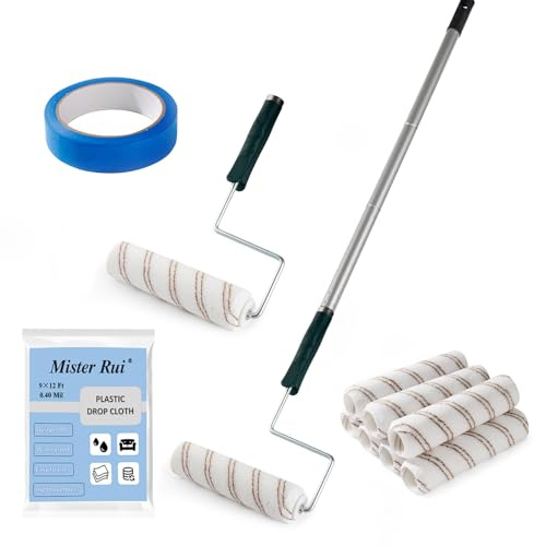 Mister Rui 9 Inch Paint Roller, Microfiber Roller Covers with Extension Pole, 5-Wire Roller Frame, Drop Cloth and Tape, Paint Rollers for Painting Walls, Painting Supplies