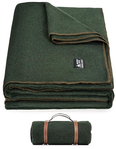 OneTigris Couverture en laine (80 % laine), couverture de camping, couverture de stade, couverture chaude en laine pour l'extérieur, le camping, les voyages et la voiture (vert ranger)