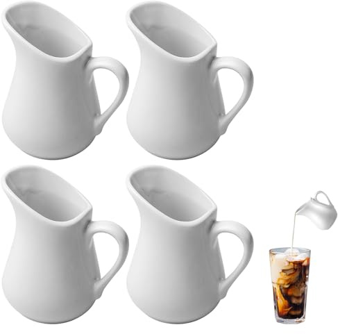 GOMETY Lot de 4 mini pots à lait en porcelaine - 80 ml - Blanc - Avec poignée - Pour café, sauce, cappuccino, latte, cuisine, café, bureau, bar