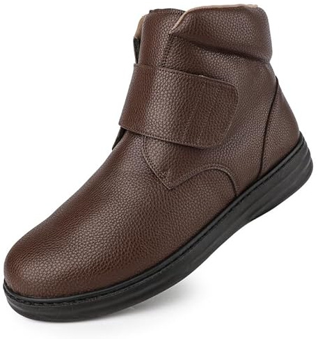 TIESTRA Men’s Extra Wide Winter Boots with Velcro Strap Warm Lined Leather Ankle Shoes for Elderly & Diabetic Feet Non-Slip Comfortable Boots for Cold Weather UK8-12