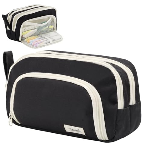 Mailain Federmäppchen/Mäppchen für Jungen Mädchen Teenager –3 Fächer Federmappe Erwachsene, Große Kapazität Nylon Etui für Schule, Studenten & Erwachsene (Schwarz)