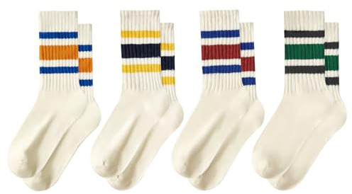 PONCEAU Womens Socks-Womens Tube Socks Smooth Cotton Crew Sock Soft Breathable Retro Striped Crew Slouch Socks Women UK Casual Leisure Size 4-8