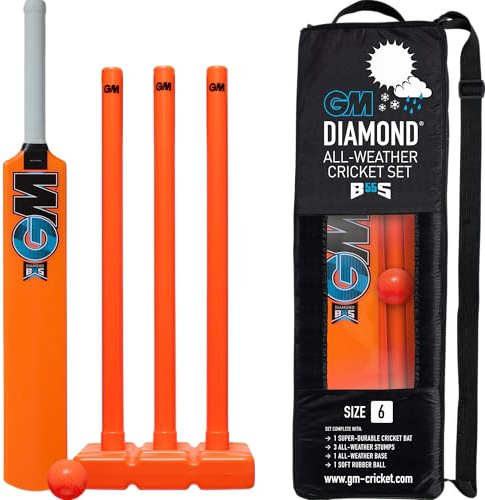 GM | Ben Stokes Diamond - Juego de críquet de plástico para Todo Tipo de Clima, 1 Bate Moldeado, 1 Pelota de Goma roja Suave, 3 tocones, Bolsa de Transporte, tamaño 6 para Jugadores de 157 a 163 cm