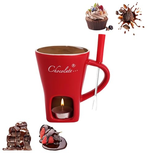 Taza de cerámica para fondue de chocolate, 130 ml, con portavelas y tenedores, fondue de chocolate, juego de fondue de chocolate, juego de fondue de chocolate, cazo para chocolate y queso, mantequilla