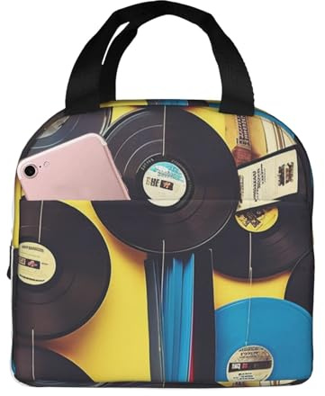 POCUK Borsa per il pranzo con dischi in vinile e nastri, portatile, isolata, riutilizzabile, da picnic, borsa da lavoro