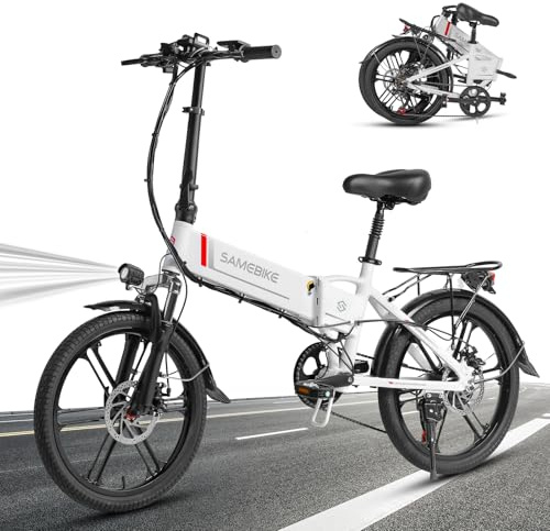 SAMEBIKE Portable Folding Electric Bike, 20 E-Bike with 250W Brushless Motor, 48V 10AH Removable Battery, Adjustable Seat,Max 80KM Range City Commuter Bicycle for Adults and Teens -XD30-II (White)