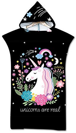 Treer Telo da Bagno Poncho Asciugama con Cappuccio Unicorno Bello Stampa Spiaggia Robe Cambiarsi Assorbente Rapida Copricostume Accappatoio per Surf Nuoto Bagno (75x110cm,Nero 1)