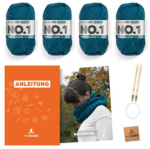 myboshi Strickset Rundschal Rochester, inkl. No.1 Wolle, Nadel und Anleitung, für Mützen und Schals, Strickpaket, 30% Merinowolle Petrol mit Rundstricknadel