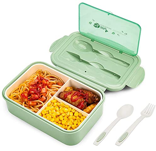 Bibury Boîte à Déjeuner en Plastique pour Enfant Adulte avec Trois Compartiments et des Couverts(Fourchette et Cuillère), sans BPA, pour Micro-Ondes et Lave-Vaisselle - Vert