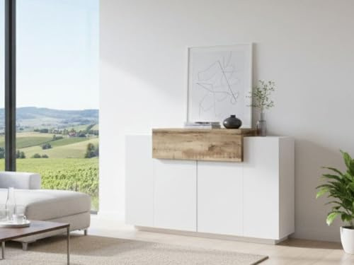 Dmora - Étagère à chaussures Peter, Armoire polyvalente avec 2 portes et 1 porte abattante, Étagère à chaussures d'entrée, 100% Made in Italy, 120x45h86 cm, Blanc brillant et érable