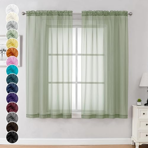 Chyhomenyc Lot de 2 Rideaux Transparents Vert Sauge de 160 cm de Long pour Cuisine, Rideaux de fenêtre aérés et Respirants avec Passe-Tringle pour Chambre à Coucher, Salon, 106 x 160 cm chacun