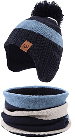 XIAOHAWANG Rayas Invierno Bebé Gorro De Punto Sombrero Niños Niñas Pequeños Niños Cálidos Bebé Gorros Clásicos (Azul Cielo (Sombrero + Bufanda), S)