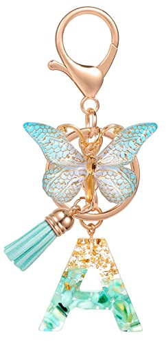 MWOOT Letter Keychain Iniziale Lettera Portachiavi,Alfabeto Keyring con Ciondolo a Forma Nappe Farfalla,Portachiavi Charm con Foglio D'oro Verde Resina Signora Borsetta Portafoglio Decorazione(A)