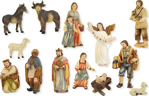 FADEDA Lot de 13 figurines de crèche de paysan, hauteur : 20 cm, peintes à la main, figurines de crèche détaillées, accessoires de décoration de table de Noël
