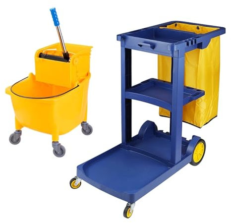 Carro de Limpieza Profesional Multifuncional,Trolleys Móviles,Cubo de fregado Profesional, Carro de limpieza viaria,para hotel, gastronomía, limpiador de edificios(Package B,Blue)