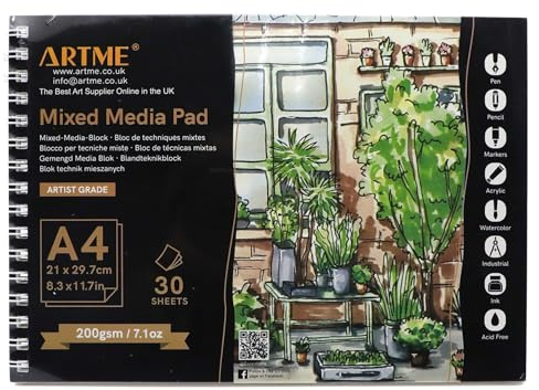 ARTME A4 Bloc de notas, 30 hojas de 200 g/m², encuadernado en espiral, con líneas de corte de desgarro, cuaderno de bocetos para dibujar y pintar (A4-1 unidad)