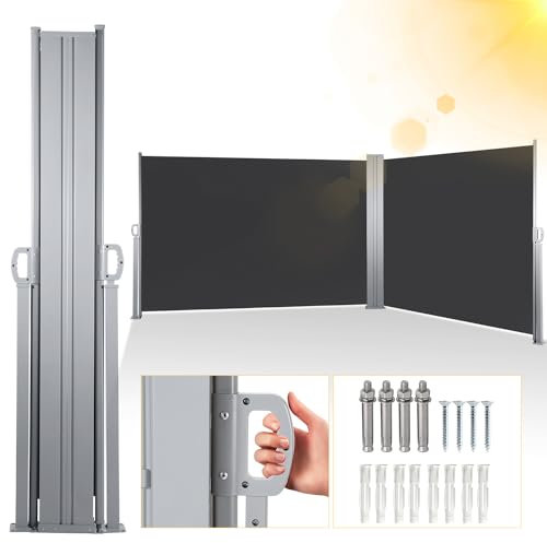 Jiubiaz Doppelseitenmarkise Ausziehbar, 180x600cm Standmarkise Seitenmarkise Wandmarkise, Sonnenschutz Balkon Sichtschutz Windschutz für Balkon Terrasse Garten,Grau