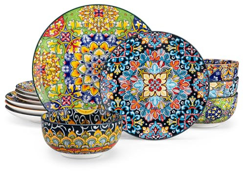 vancasso 12 Pieces Dinnerware Sets, Plates and Bowls Set, Porcelain Dishes Set for 4, Microwave and Dishwasher Safe, Scratch Resistant, Bohemian Style Dining Ware Service for 4, Series SIMI