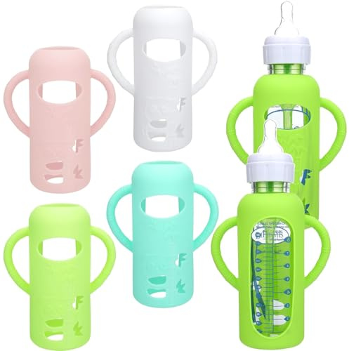 4 Pack Silicone Sleeves for Dr. Brown's Glass Bottles 8OZ - Anti Breakage Baby Bottle Holder, Compatible with Dr. Brown's Glass Bottles for Babies (8OZ with Handle)