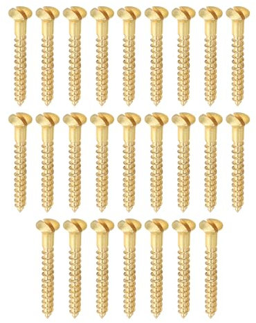 PATIKIL M3.5 x 30mm Slotted Wood Screw, 25 Pack Solid Brass Oval Head Flat Head Self Tapping Screws for Wood Furniture Connecting, Gold Tone