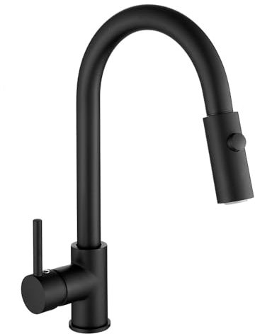 Zynuhmo Robinet de cuisine basse pression extensible en acier inoxydable noir - Robinet basse pression rotatif à 360° - Avec 3 raccords pour chaudière - Mitigeur de cuisine haut avec douchette 2 modes