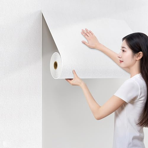 Paneles de techo de PVC blanco autoadhesivos, papel tapiz texturizado de lino sintético para dormitorios y sótanos, revestimiento de pared impermeable, fácil de pegar y cortar (75 cm x 50 m)