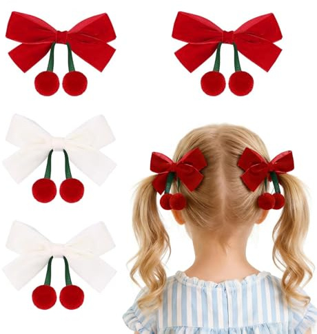 VelvetGlow 4 Fiocchi Per Capelli In Velluto Color Ciliegia Per Ragazze, Fermagli Con Fiocco, Fascia Rosso-Bianca Con Clip A Coccodrillo, Dolci Accessori Capelli Per Bambini, Teenager