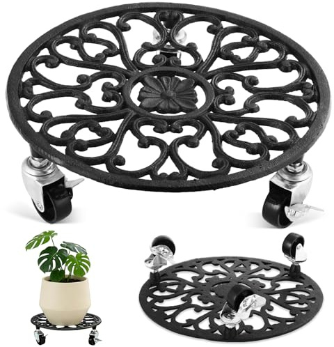 Supporto per piante a rotolamento con ruote, resistente, in ghisa, da 28 cm, con ruote, rulli per piante su ruota, supporto per piante a rullo rotondo, supporto per piante in metallo per interni