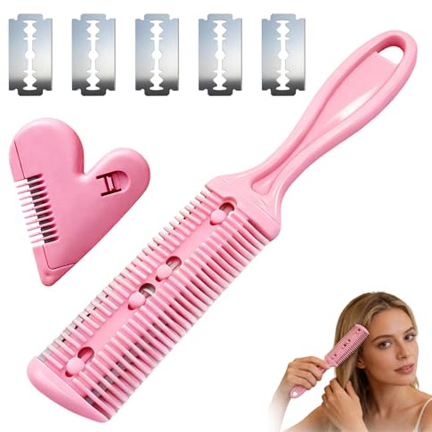 EUYKQNOI 2 Piezas Peine de Afeitar y Corte Profesional, Cortador de Pelo de Doble Cara Recortador de Plástico con Navaja, Kit de Peine para Adelgazar el Cabello con 5 Cuchilla del Acero Inoxidable