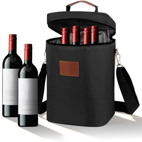 Bolsa Enfriadora de Vino Aislada, Bolsa Isotérmica para 4 Botellas, Portátil Bolsas de Bebidas Transporte al Aire Libre con Asa y Correa Ajustable, Botella de Vino Champán para Pícnic, Camping, Negro