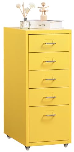 HollyHOME 5-Drawer Mobile File Cabinet Office Filing Cabinets Under Desk | Rolling Filing Organizer Metal Storage Cabinet with Casters for Home and Office,Light Yellow