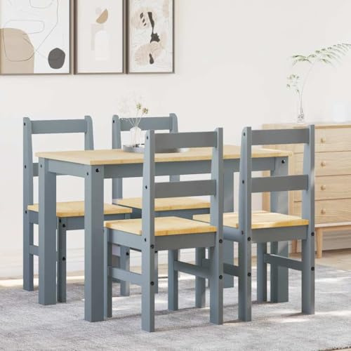 Augerlite 5-TLG. Matgrupp Panama grå, massiv furu med 4 stolar, 117 x 60 x 75 cm, robust matsalsgrupp för vardagsrum, liten matgrupp med stabilt bord och lättskött finish