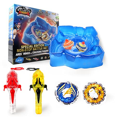 INFINITY NADO Toupies avec Arene,Jouet Enfant 5 6 7 8 9 10 11 12 Ans Garcon Fille Cadeau,Battle Set Non-Stop Battle Pack de 2 Toupies de ARE'S Wings et Cracking Panzer