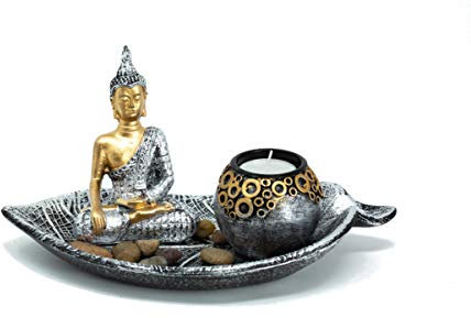 Juego de Buda con plato de hoja, figura decorativa con piedras decorativas para meditación