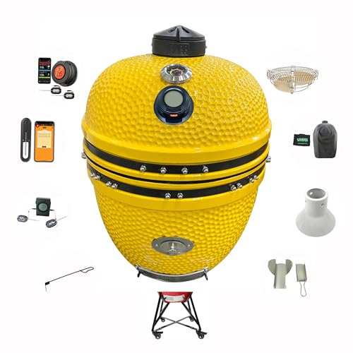 YNNI KAMADO TQTT23YL XL - Parrilla de 23 pulgadas, color amarillo, alimentador de chips, paquete, barbacoa, cerámica, huevo, ahumador, TQTT23YL