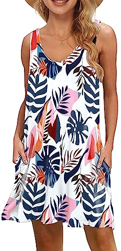 WNEEDU Femme Robe d'été sans Manche Col en V Décontractée Robes Plage avec Poches Lâche Swing