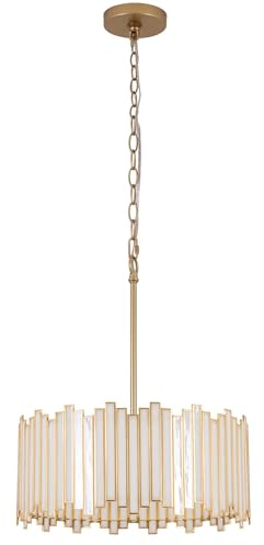 Wrlmfy Gold Drum Chandelier 4-Light, Modern Drum Pendant Lighting Fixture with Tiffany Glass Shade, 16” Round Ceiling Hanging Light for Bedroom Dining Room Kitchen Entryway Living Room (Gold)