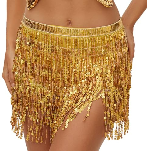 Lusofie Jupe Paillette Femme Or Danse du Ventre Hanche Jupe Gland Jupe Latin Brillant Jupe à Franges Gland Carnaval Filles Costumes Tenue Danse Orientale Femme