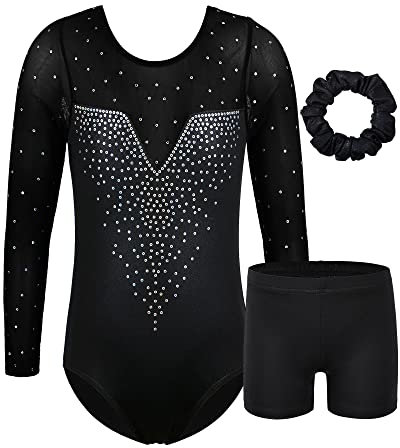 ZNYUNE gymnastikanzug hose mädchen turnanzug Ärmellos/langarm turnkleidung mädchen gymnastik Tumbling Tanz hose B203 SequinBlack 10A