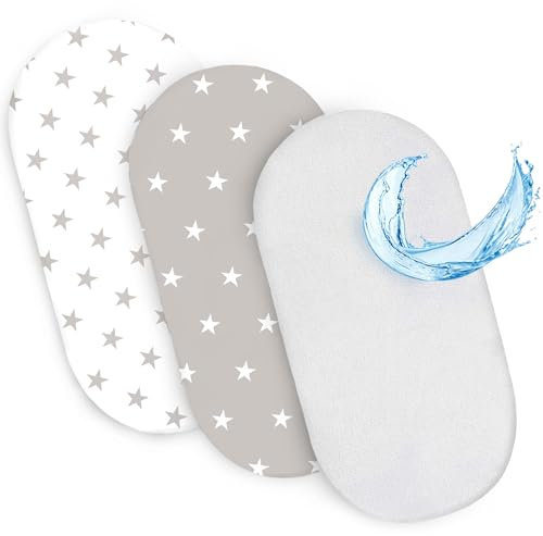 Spannbettlaken Kinderwagen Baby Spannbetttücher 3er Set: 35x75 cm - 2X Bettlaken + 1x wasserdichter Matratzenschoner - Babybett Zubehör für Kinderbett Beistellbett Stubenwagen 35 x 75