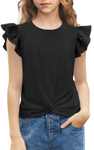 Arshiner Fille 5-12 Ans Chemise à Manches Courtes Twist Front T-Shirt pour Fille Mignon Manches Volantes Blouse d'été pour Fille Tunique Tee Tops