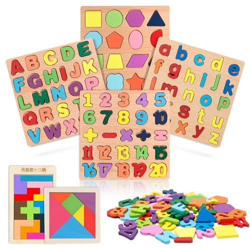 Neikafan Wooden Alphabet Puzzle ABC Letters 6 Pcs Jigsaw Alphabet Number Shape Puzzle Board for 3 4 5 Year Olds Kids Games Tangram Wooden Shape Peg Puzzle Montessori Toy for Boys Girls