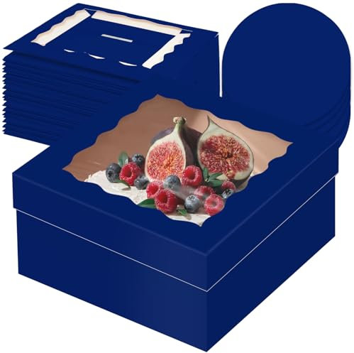 Gcardist 12x12x6 Inch Cake Box, 5 Sets Deep Blue Cake Box with Window & 5 Sets 12 Inch Deep Blue Cake Round Boards, Cake Containers(30.5x30.5x15.2cm)